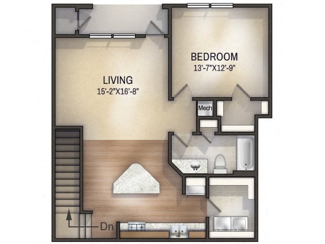 Floor plan for 1 bed, 1 bath, 923 sqft